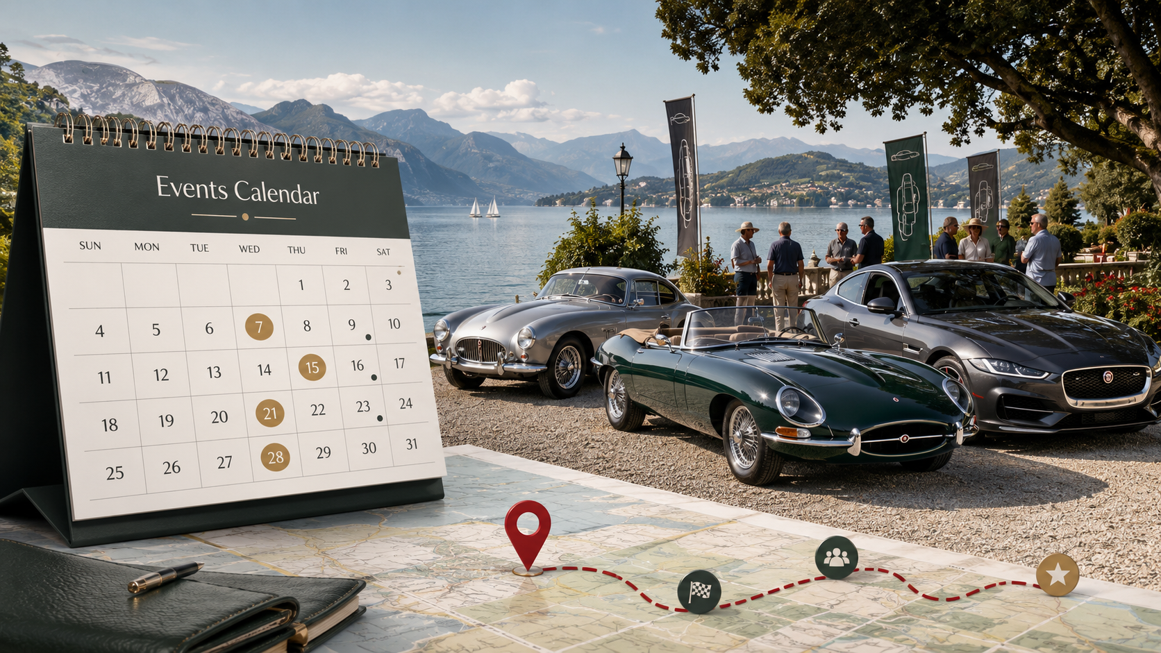 Picture of a calendar set against background of mountains and Jaguar cars 